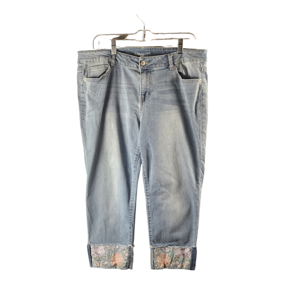 Westport Cropped Capris Denim Jeans Embroidered Floral Cuff Women's 14p